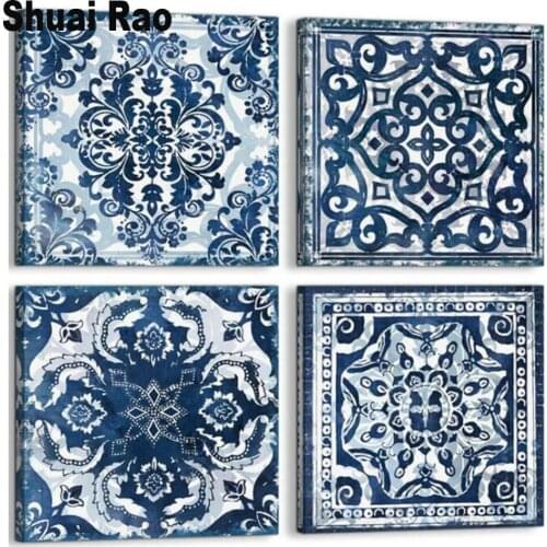 Blue and white porcelain diamond painting 4 piece mosaic diamond embroidery full round square drill mandala flower 3d wall art