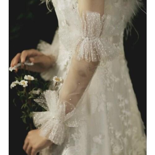 Bridal Sleeves Tulle Detachable Bridal Bicep Wedding Puff Sleeves Pearls Rhinestones Wedding Arm Cover Decorate Bride Sleeves
