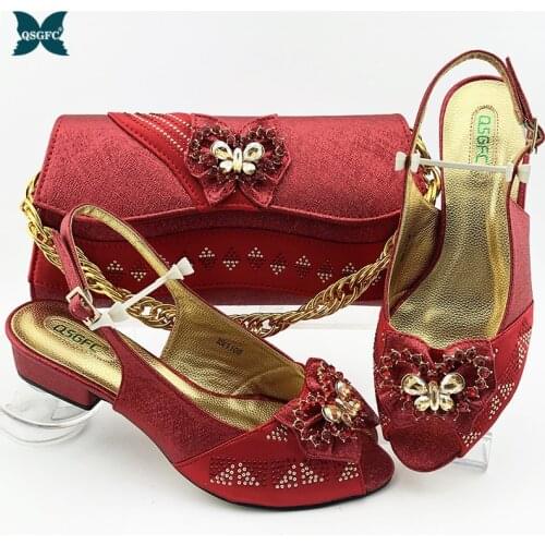 New Italian Design Nigerian Hot Selling Red Color Party Ladies Shoes and Bag Set With Butterfly-kont Shape Rhinestone Decoration