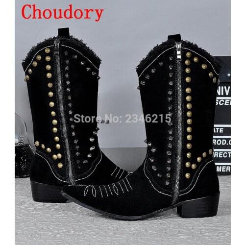 Western style black work studded cowboy boots mens italian military boots pointed toe motorcycle dress punk shoes plus size