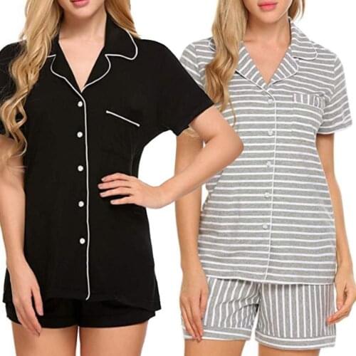 Women Stripe Dot Short Sleeve Button Blouse Shirt Shorts Set Sleepwear Nightwear