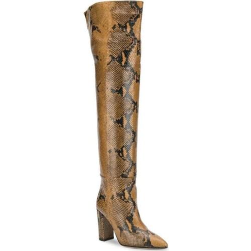 Womens Long Boot Sexy Snakeskin Leather Pointed Toed High Heeled Knee High Boots Over-the-kneeboots Shoes Woman Botas Mujer