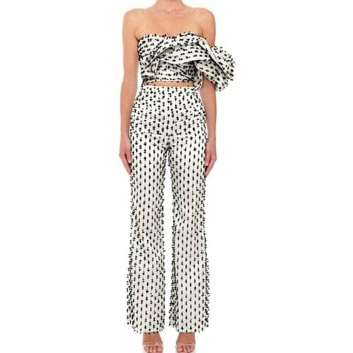 Black and white contrast feather bra one shoulder twist sleeve feather pants women two piece sets