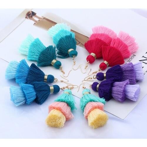 2020 Summer Boho Ethnic Earrings 9 Color Cotton Tassel Long Earrings For Women Three Layer Fringe Brincos Party Dangle Earring