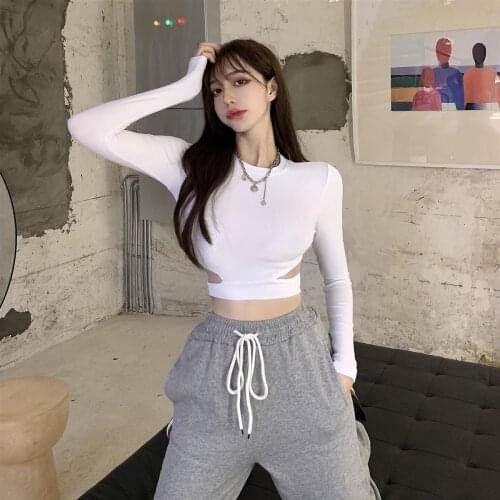 2021 Autumn Fashion T Shirt for Women Sexy Hollow Out Slim Fit Long Sleeve Tee Casual O Neck Solid Color Tops T Shirt