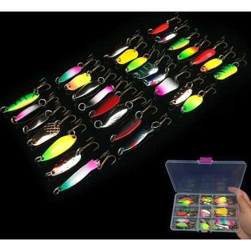 31pcs/lot Durable Universal Multicolor Artificial Fishing Lure Kit Metal Hard Spoon Sequins Spinner Baits with Hooks and Box