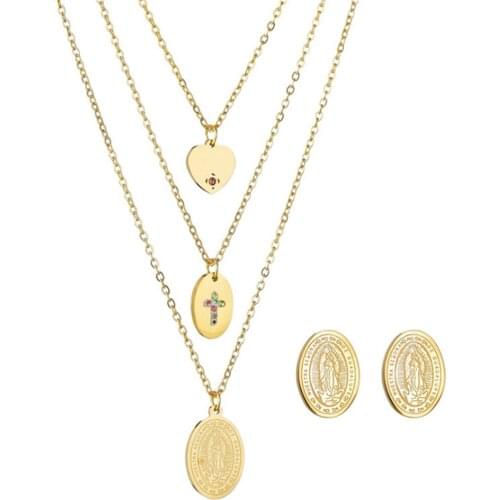 316L Stainless Steel Mary Cross Love Necklace Earring Set Titanium Steel Crystal Zircon Jewelry Set No Fade