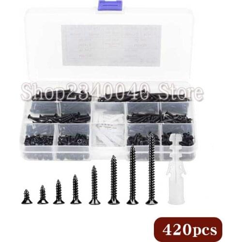 420pcs Flat Head Wood Screws Assortment Kit M3 Carbon Steel Phillips Countersunk Head Self-Tapping Screws Contains Screw Anchors