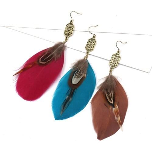 Bohemian Tribal Rose Brown Blue Feather Dangle Earrings With Piercings For Women Indian Ethnic Long Drop Ears Hippie Jewellry