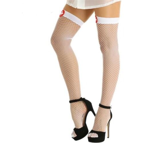Nurse Over Knee Stockings New Women Halloween Cosplay Transparent Mesh Stocking Sexy Costumes Thigh High Tights Medias De Mujer