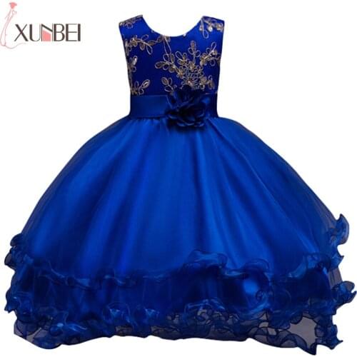 Royal Blue Flower Girl Long Dress 2020 Summer Gold Flower Belt Tulle Sequin Kid Wedding Party Dress Ruffles Vestido Clothing