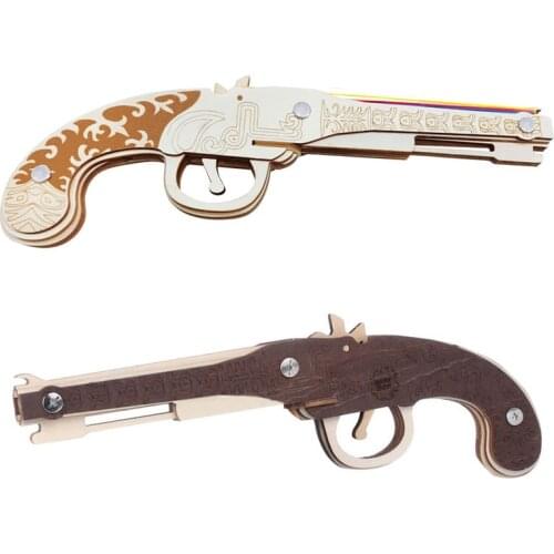 Flintlock Muske Rubber Band Pistol Laser-Cut Wooden DIY Jigsaw 3D Puzzle Wooden Shooting Toy Launcher Assembly Toy Children Gift
