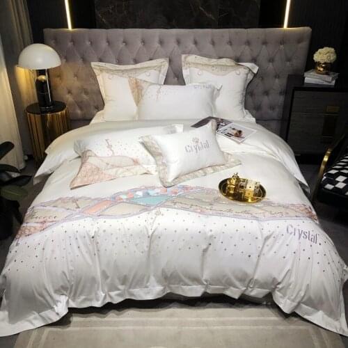Luxury White Starry Sky Embroidery Cotton Satin Bedding Set Duvet Cover Bed Linen Fitted Sheet Pillowcases Home Textile