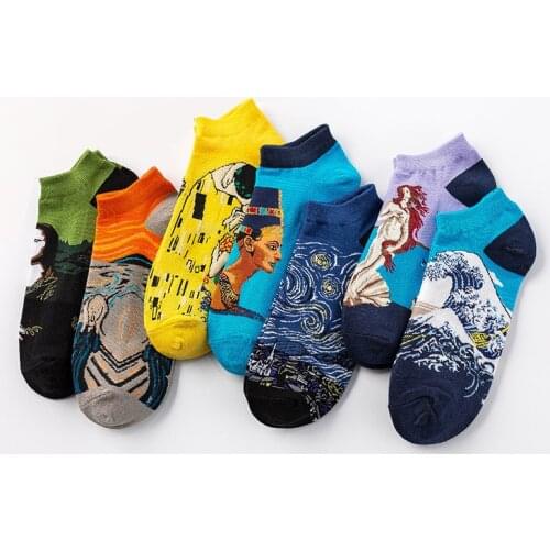 Fashion Men Women Socks Mona Lisa Oil painting cotton casual Short socks boat Ankle sock Starry sky happy funny sox personality