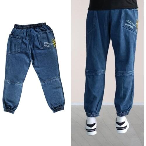 Blue Baggy Jeans Men Clothing Casual Elastic Waist Pants Personalized Pocket Letters Hip Hop Boys Street Campus Style Kpop