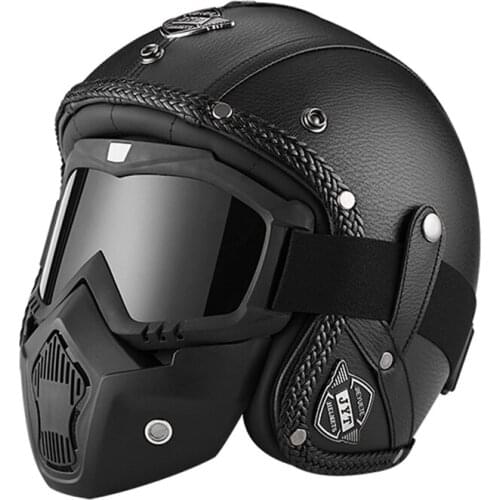 DOT Approved German Vintage Open Face Motorcycle Helmet Cafe Racer Retro PU leather Motocross 3/4 Jet Casco With Goggle