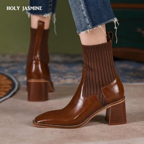 2021 New Fashion Womens Winter Boots Female Genuine Leather Knitting High Heels Boots for Women Party Wedding Basic Shoes Woman