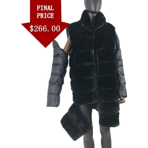 2020 Autumn Winter New 90cm long Detachable Coat Women Real Rex Rabbit Fur Jacket Fashion Down sleeves Outwear