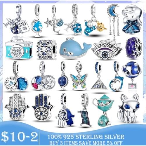 Dropshipping 925 Sterling Silver Star Beads Blue CZ Snowflake world Heart Clip Charms Charm Fit Original Bracelet Silver Jewelry