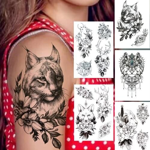 Realistic Cat Flower Temporary Tattoos For Women Men Adults Black Wolf LIon Tiger Elk Owl Tattoo Sticker Fake Sword Tatoos Decal