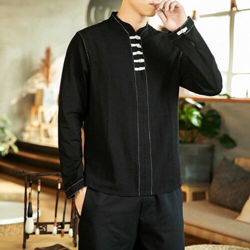 Mens Shirts Regular Fit Black White Mens Tunic Harajuku Vintage Shirt Men Guayabera Hiphop Mens Clothing Large Sizes KK2976