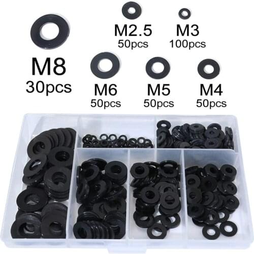 330pcs 6 Sizes Nylon Washer M2.5 M3 M4 M5 M6 M8 Black Insulation Ring Plastic Flat Washers Gasket Assortment Kit For Screws