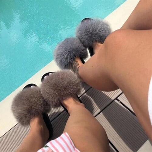Women Fluffy Colorful Real Fox Fur Slippers Female Furry Sandals Girl Plush Slides Ladies Fashion House Shoes Luxury Flip Flops
