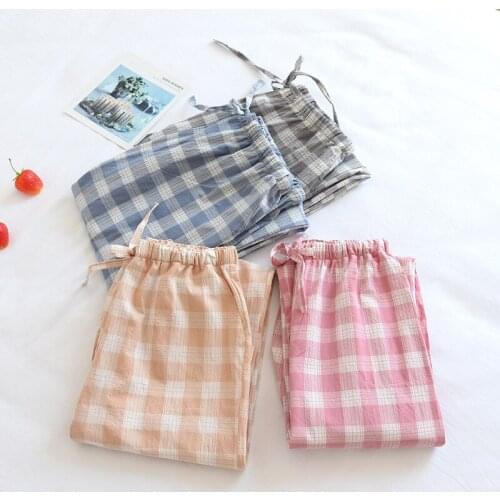 Autumn Couple Japanese Sleep Bottoms Plaid Simple Lattice Pajama Pants Women Men 100% Cotton Home Clothes Elastic Waist Sleepwea