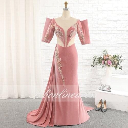 Bbonlinedress Sexy Mermaid Evening Dress Beading Short Sleeves Court Train Formal Prom Dresses