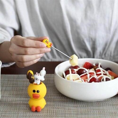 6Pcs/Lot Fruit Fork With Food Grade Silicone Holder Kids Dinner Fork Stainless Steel Flatware Snack Cake Dessert Food Tooth Pick