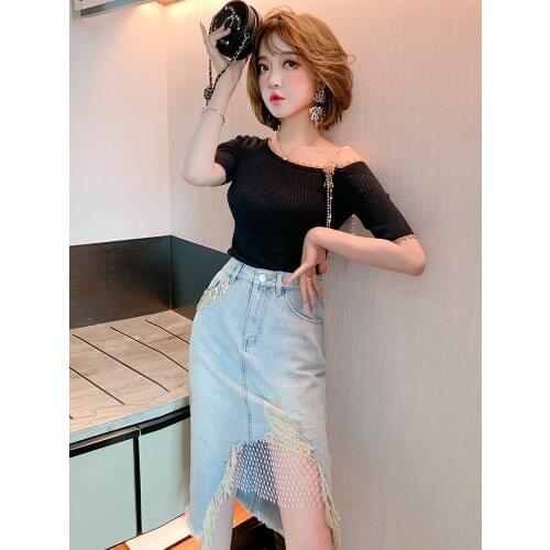 Top Quality Sexy off shoulder bead chain tassel suspender color contrast lace knitted top summer new