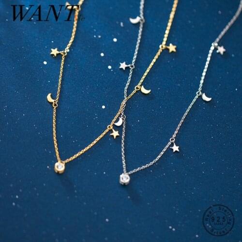 WANTME 925 Sterling Silver Fashion Simple Star Moon Link Chain Pendant Necklace for Women Sweet Party Gold Jewelry Accessories