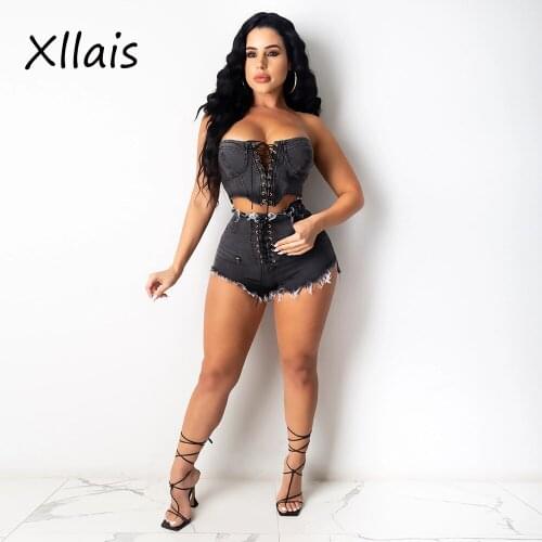 XLLAIS 2021 New Style Denim Shorts Matching Sets Women Sexy Drawstring Tank Tops High Waist Mini Shorts Tracksuits Cute Outfits