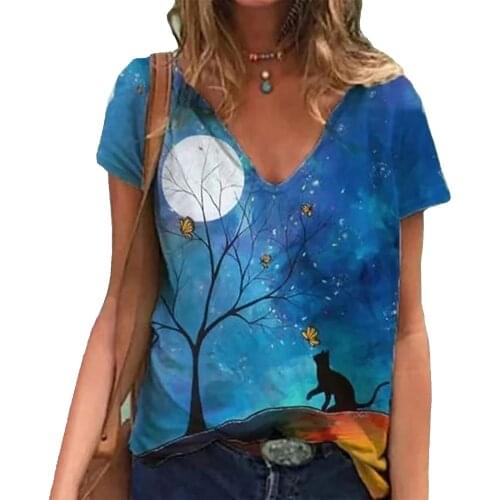 5XL Summer Oversized Women Loose T Shirts V-Neck Short Sleeve Cute Cat 3D Print Tee Top Casual Streetwear Tops Plus Size 3XL 4XL