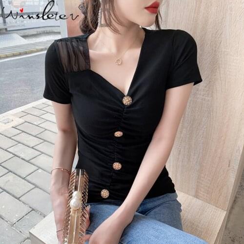 Summer Korean Style Cotton T-Shirt Fashion Sexy V-Neck Button Irregularity Drape Patchwork Lace Women Tops Slim Tees New T13904A