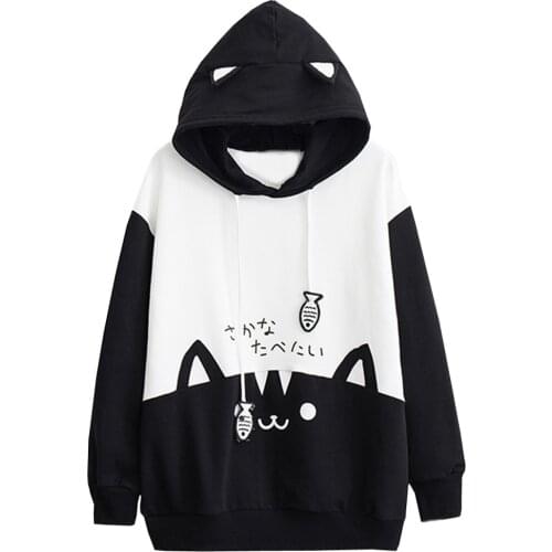 Kawaii Cat Print Womens Hoodie Patchwork Casual Hooded Pullove Autumn Winter Long Sleeve Pocket Drawsting Sweatshirts Толстовка