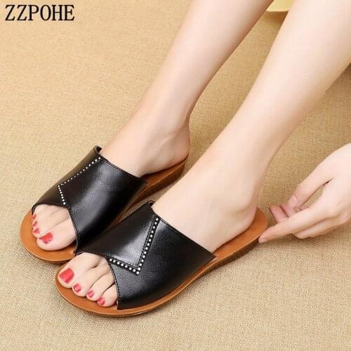 ZZPOHE Woman Sandals 2019 Summer Women Genuine Leather Soft Flats Slippers Shoes Ladies Beach Sandals Mother Slippers Plus Size
