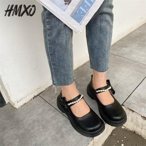 HMXO Muffin Sole Casual Round Head Thick Bottom Mary Jane Pearl Jk Women Shoes Uniform Retro Adhesive Low-heeled Leather Shoes