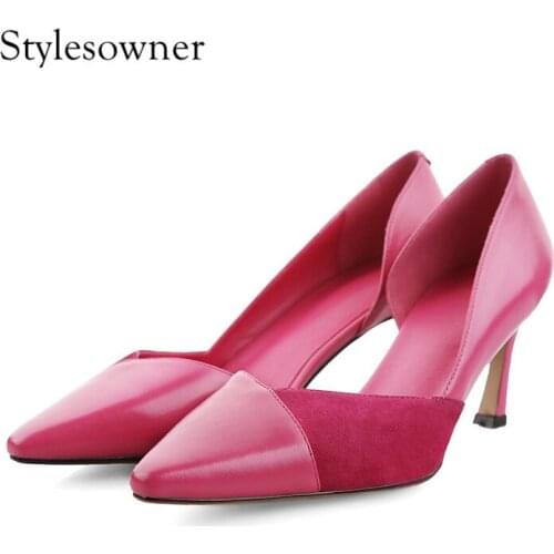 Stylesowner Elegant Design New Arrival Shallow Genuine Leather Woman Pumps High Heels Pointed Toe Red Patchwork Sexy Pumps