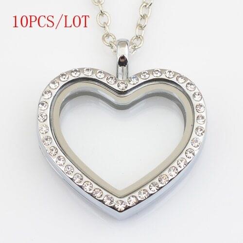 10PCS/LOT, 30mm heart floating locket with rhinestones, Floating lockets charms with free 50-55cm chain FN0035