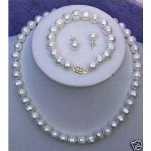 8-9mm Real White Cultured Pearl Necklace Bracelet Earring Set 18"+7.5"