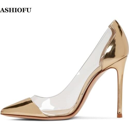ASHIOFU Handmade Newest Ladies Stiletto High Heel Pumps PVC Patchwork Party Prom Shoes Slip-on Large Size Evening Court Shoes
