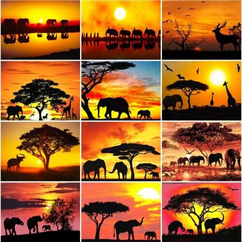 AZQSD Full Square Diamond Embroidery Elephant Sunset Mosaic Needlework Rhinestones Diamond Painting Animal Home Decor