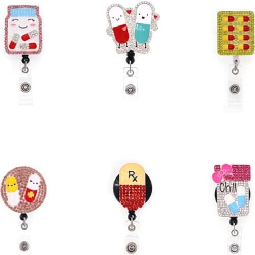 10pcs/lot Free Shipping Pink Rhinestone Medicine Bottle Badge Holder Cartoon Nurse/ Doctor/ Office Pill Badge Reel