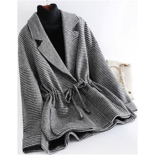 Fashion Plaid Woolen Blazer women jacket Winter New high quality Closed waist loose houndstooth woolen coat women Blazers women