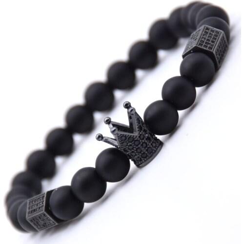 Crown Black Matte Stone Bracelet Men Charm Bracelets Energy Men Jewelry