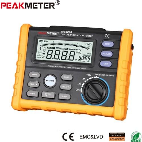 OFFCIAL PEAKMETER Analog and Digital 1000V MS5203 Insulation Resistance Tester megger meter 0.01~10G Ohm with Multimeter