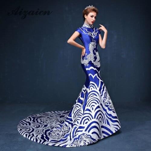 Elegant Blue Porcelain Chinese Sexy Traditional Oriental Evening Dress Women For Wedding Party Backless Cheongsam Free Custom