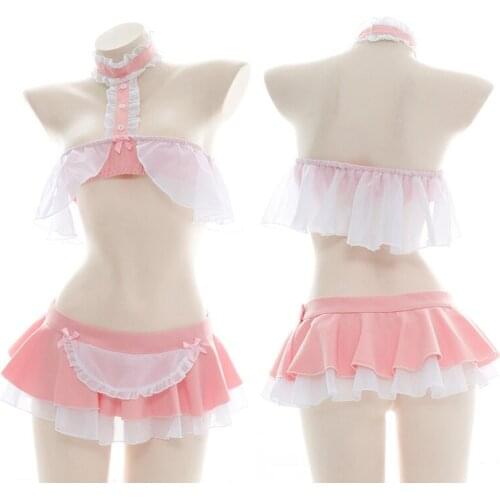 Kawaii Women Japanese Maid Cosplay Uniform Lingerie Sleepwear Set Pink Lolita Girls Chiffon Ruffle Tops With Panties Underwear