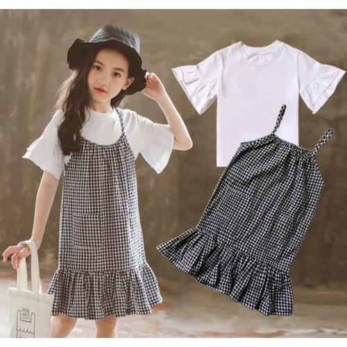 2020 Summer Girls Clothing Set Kids Solid Brief Shirt and Plaid Dress Set for Girls Comfortable Baby Girls Two Piece Set, #8387